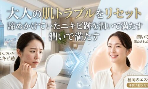 鏡の前で治りにくいニキビ跡に悩む女性と、たっぷりの潤いで満たされた美しい素肌になり笑顔を見せる女性のビフォーアフター画像。福岡で大人の肌トラブルをリセットするエステの魅力を伝えるアイキャッチ。