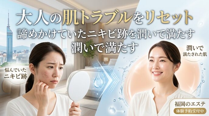 鏡の前で治りにくいニキビ跡に悩む女性と、たっぷりの潤いで満たされた美しい素肌になり笑顔を見せる女性のビフォーアフター画像。福岡で大人の肌トラブルをリセットするエステの魅力を伝えるアイキャッチ。