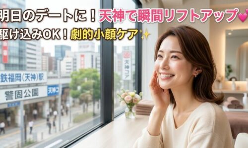 西鉄福岡（天神）駅と警固公園を見下ろす都会的な窓辺で、瞬間リフトアップされた美しいフェイスラインと輝く笑顔を見せる女性の画像。明日のデートに向けて、駆け込みOKな劇的小顔ケアをアピールするアイキャッチ。上部に「明日のデートに！天神で瞬間リフトアップ♥」「駆け込みOK！劇的小顔ケア✨」のテキスト。