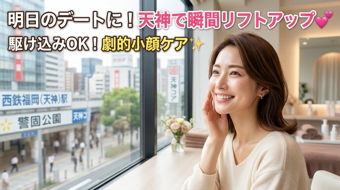 西鉄福岡（天神）駅と警固公園を見下ろす都会的な窓辺で、瞬間リフトアップされた美しいフェイスラインと輝く笑顔を見せる女性の画像。明日のデートに向けて、駆け込みOKな劇的小顔ケアをアピールするアイキャッチ。上部に「明日のデートに！天神で瞬間リフトアップ♥」「駆け込みOK！劇的小顔ケア✨」のテキスト。