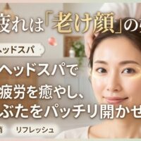 今泉のサロンでヘッドスパの施術を受け、眼精疲労が解消されて目がパッチリと開いている女性の画像。目の疲れからくる老け顔に悩む方に向けたアイキャッチ。