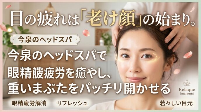 今泉のサロンでヘッドスパの施術を受け、眼精疲労が解消されて目がパッチリと開いている女性の画像。目の疲れからくる老け顔に悩む方に向けたアイキャッチ。
