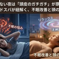 眠れない夜にベッドで頭を抱えて悩む女性（左）と、天神のサロンで心地よいヘッドスパを受けリラックスしている女性（右）を対比させた画像。頭皮のガチガチとしたコリをほぐし、根本的な不眠改善へと導く魅力を伝えるアイキャッチ。