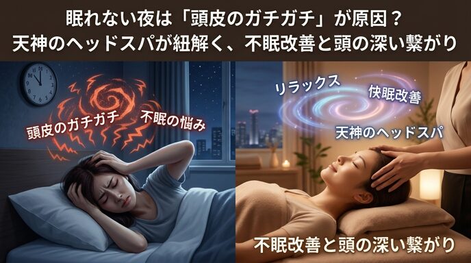 眠れない夜にベッドで頭を抱えて悩む女性（左）と、天神のサロンで心地よいヘッドスパを受けリラックスしている女性（右）を対比させた画像。頭皮のガチガチとしたコリをほぐし、根本的な不眠改善へと導く魅力を伝えるアイキャッチ。