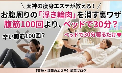 天神のエステサロンで、ベッドに寝たまま最新マシンによるケアを受ける女性（右）と、苦しそうに腹筋運動をする女性（左）を比較したアイキャッチ画像。お腹周りの「浮き輪肉」を落としたい女性向けのブログ記事。