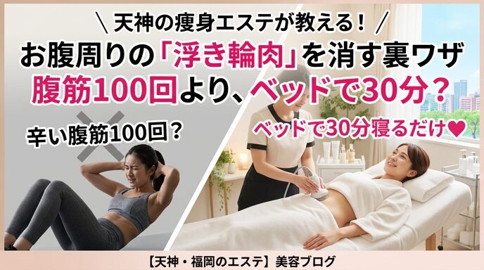 天神のエステサロンで、ベッドに寝たまま最新マシンによるケアを受ける女性（右）と、苦しそうに腹筋運動をする女性（左）を比較したアイキャッチ画像。お腹周りの「浮き輪肉」を落としたい女性向けのブログ記事。