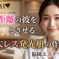福岡のエステサロンで施術を受け、至近距離でも自信が持てる毛穴レスな発光肌を手に入れた女性の画像。デート前日に美しさをこっそり仕込む魅力を伝えるアイキャッチ。