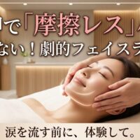 天神のサロンで摩擦レスなフェイシャルの施術を受け、心地よさそうに目を閉じる女性の画像。痛みを伴わずに劇的なフェイスラインを引き出す魅力を伝えるアイキャッチ。