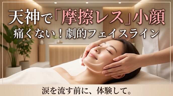 天神のサロンで摩擦レスなフェイシャルの施術を受け、心地よさそうに目を閉じる女性の画像。痛みを伴わずに劇的なフェイスラインを引き出す魅力を伝えるアイキャッチ。