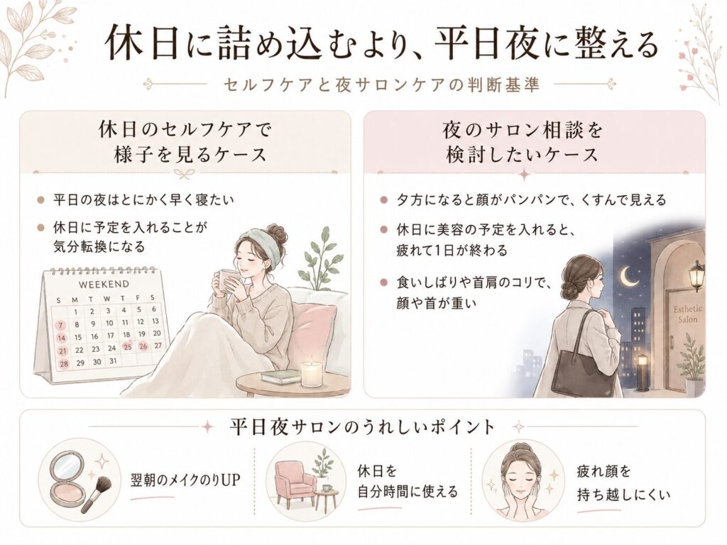 今泉の夜営業エステを検討する方へ、休日セルフケアと平日夜サロンケアの違いを比較した解説画像