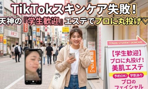 SNSのスキンケア動画を試して肌荒れしてしまったスマホ画面と、天神の街角で「学生歓迎」のエステサロンの看板を見つけて明るい笑顔を見せる女子大生の画像。自己流ケアの失敗をプロに丸投げして垢抜けるという解決策を伝えるアイキャッチ。