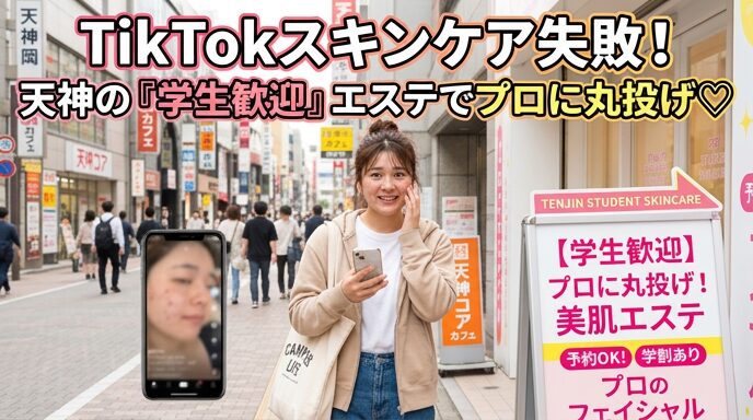 SNSのスキンケア動画を試して肌荒れしてしまったスマホ画面と、天神の街角で「学生歓迎」のエステサロンの看板を見つけて明るい笑顔を見せる女子大生の画像。自己流ケアの失敗をプロに丸投げして垢抜けるという解決策を伝えるアイキャッチ。