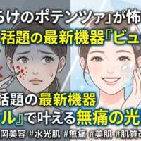 ポテンツァの痛みに怯える女性と、福岡のサロンで最新機器ビュールを用いて無痛で水光肌を手に入れ笑顔を見せる女性の比較画像。血だらけになるダウンタイムが怖い方に向けた肌質改善の魅力を伝えるアイキャッチ。