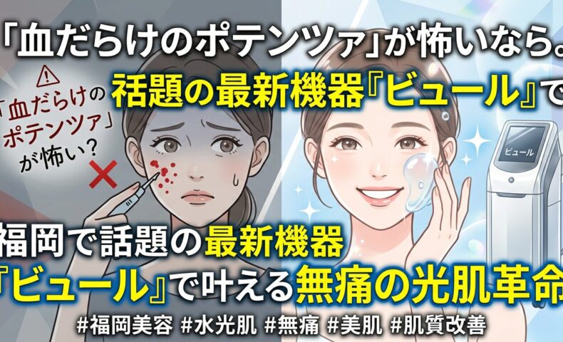 ポテンツァの痛みに怯える女性と、福岡のサロンで最新機器ビュールを用いて無痛で水光肌を手に入れ笑顔を見せる女性の比較画像。血だらけになるダウンタイムが怖い方に向けた肌質改善の魅力を伝えるアイキャッチ。