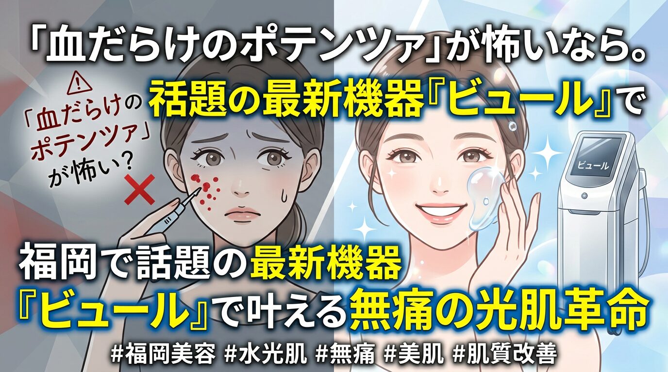 ポテンツァの痛みに怯える女性と、福岡のサロンで最新機器ビュールを用いて無痛で水光肌を手に入れ笑顔を見せる女性の比較画像。血だらけになるダウンタイムが怖い方に向けた肌質改善の魅力を伝えるアイキャッチ。