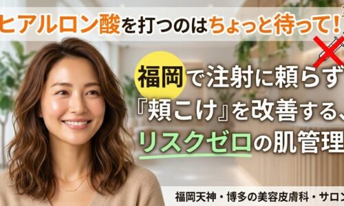 ヒアルロン酸注射のアイコンにバツ印をつけ、福岡のサロンで頬こけを改善してふっくらとした若々しい笑顔を見せる女性の画像。注射に頼らないリスクゼロの肌管理の魅力を伝えるアイキャッチ。