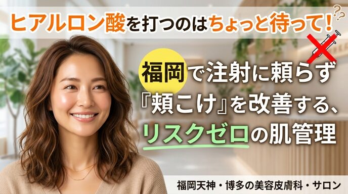 ヒアルロン酸注射のアイコンにバツ印をつけ、福岡のサロンで頬こけを改善してふっくらとした若々しい笑顔を見せる女性の画像。注射に頼らないリスクゼロの肌管理の魅力を伝えるアイキャッチ。