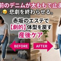 産前のデニムが太ももで止まって履けないと悩む女性と、赤坂のエステで産後ケアを受け、美しい体型を取り戻してデニムを綺麗に履きこなす笑顔の女性を比較したビフォーアフター画像。プロの施術による劇的な体型戻しを伝えるアイキャッチ。