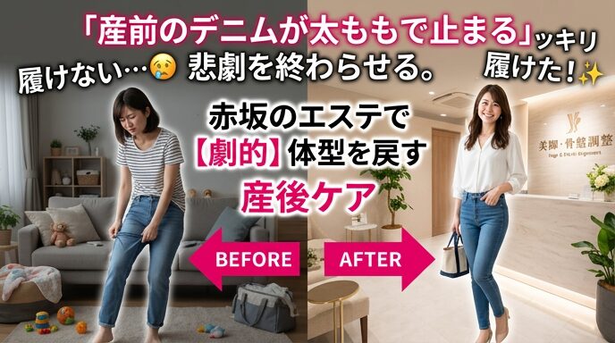 産前のデニムが太ももで止まって履けないと悩む女性と、赤坂のエステで産後ケアを受け、美しい体型を取り戻してデニムを綺麗に履きこなす笑顔の女性を比較したビフォーアフター画像。プロの施術による劇的な体型戻しを伝えるアイキャッチ。