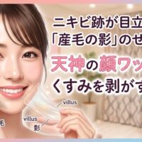 ニキビ跡を目立たせる原因となる産毛を天神のサロンの顔ワックスで優しく剥がし、くすみのない透明感あふれる素肌を手に入れて微笑む女性の画像。産毛の影やくすみをケアする魅力を伝えるアイキャッチ。