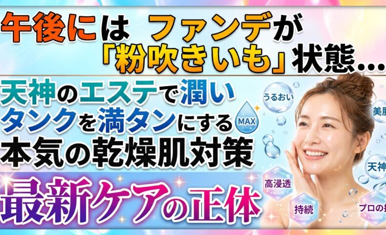 午後のファンデーションが粉を吹くカサカサ肌に悩み、天神のエステでお肌の水分タンクを満たして潤いのある笑顔を見せる女性の画像。本気の乾燥肌対策と最新ケアの魅力を伝えるアイキャッチ。