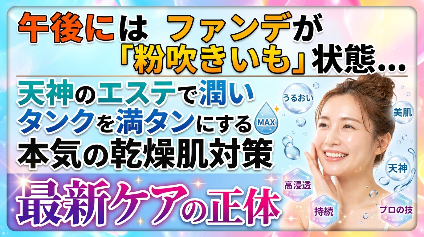 午後のファンデーションが粉を吹くカサカサ肌に悩み、天神のエステでお肌の水分タンクを満たして潤いのある笑顔を見せる女性の画像。本気の乾燥肌対策と最新ケアの魅力を伝えるアイキャッチ。