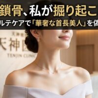 美しい鎖骨が際立つオフショルダーのドレスを着て微笑む女性の画像。天神のサロンが提供するプロのデコルテへのアプローチで、埋もれた骨格を優しくケアして華奢な首長美人を目指す魅力を伝えるアイキャッチ。