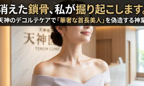 美しい鎖骨が際立つオフショルダーのドレスを着て微笑む女性の画像。天神のサロンが提供するプロのデコルテへのアプローチで、埋もれた骨格を優しくケアして華奢な首長美人を目指す魅力を伝えるアイキャッチ。