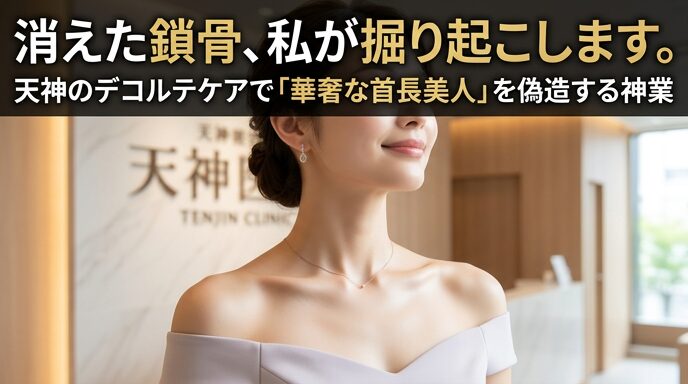 美しい鎖骨が際立つオフショルダーのドレスを着て微笑む女性の画像。天神のサロンが提供するプロのデコルテへのアプローチで、埋もれた骨格を優しくケアして華奢な首長美人を目指す魅力を伝えるアイキャッチ。