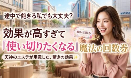 天神の活気ある街並みと落ち着いたエステサロンを背景に、「魔法の回数券」を手にして喜ぶ美しい女性の画像。途中で通うのをやめてしまうという不安を払拭し、最後まで使い切りたくなるほど効果の高い回数券の魅力を伝えるアイキャッチ。