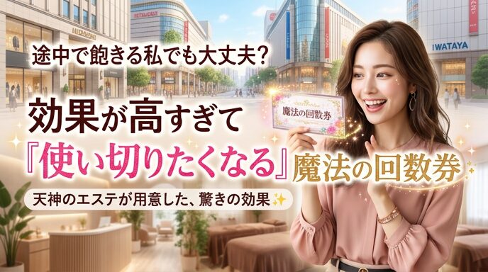 天神の活気ある街並みと落ち着いたエステサロンを背景に、「魔法の回数券」を手にして喜ぶ美しい女性の画像。途中で通うのをやめてしまうという不安を払拭し、最後まで使い切りたくなるほど効果の高い回数券の魅力を伝えるアイキャッチ。