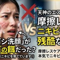 肌を強く擦るゴシゴシ洗顔で肌荒れに悩む女性と、天神のエステで優しい施術を受ける女性の比較画像。間違った習慣を卒業し、摩擦レスなニキビケアで素肌を整える魅力を伝えるアイキャッチ。