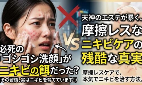 肌を強く擦るゴシゴシ洗顔で肌荒れに悩む女性と、天神のエステで優しい施術を受ける女性の比較画像。間違った習慣を卒業し、摩擦レスなニキビケアで素肌を整える魅力を伝えるアイキャッチ。