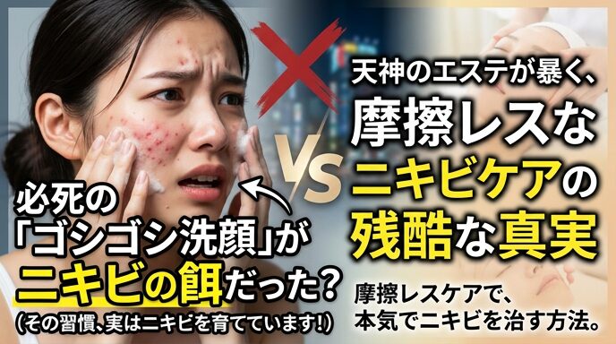 肌を強く擦るゴシゴシ洗顔で肌荒れに悩む女性と、天神のエステで優しい施術を受ける女性の比較画像。間違った習慣を卒業し、摩擦レスなニキビケアで素肌を整える魅力を伝えるアイキャッチ。
