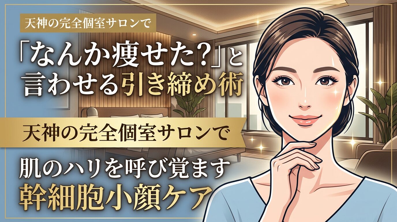 上品で落ち着いた完全個室のサロンを背景に、シャープに引き締まったフェイスラインに優しく手を添えて微笑む女性のイラスト。天神で受ける最先端の幹細胞成分を用いた小顔ケアの魅力を伝えるアイキャッチ。