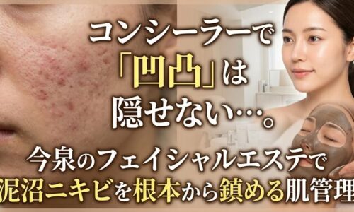 コンシーラーでは隠しきれない頑固なニキビの凹凸に悩む女性の肌と、今泉のサロンで本格的な泥パックフェイシャルを受けて、根本から鎮静ケアを行い、なめらかで美しい肌を手に入れた女性の対比画像。イチゴ鼻のコンプレックスを解消した状態をイメージさせるアイキャッチ。