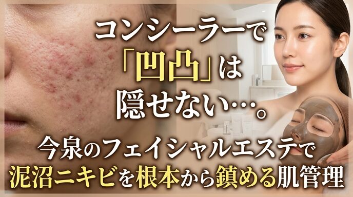 コンシーラーでは隠しきれない頑固なニキビの凹凸に悩む女性の肌と、今泉のサロンで本格的な泥パックフェイシャルを受けて、根本から鎮静ケアを行い、なめらかで美しい肌を手に入れた女性の対比画像。イチゴ鼻のコンプレックスを解消した状態をイメージさせるアイキャッチ。