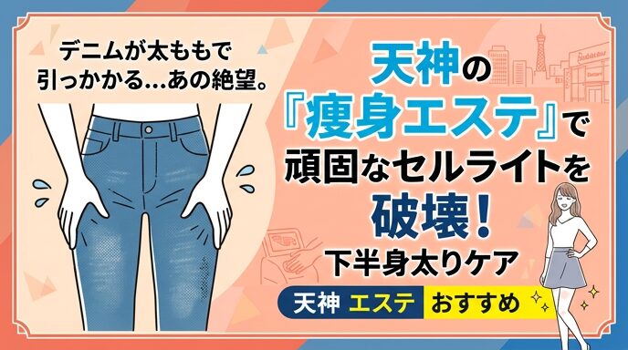 デニムが太ももで引っかかるイラストと、天神のサロンで痩身エステを受けて下半身太りケアを行いスッキリしたスタイルの女性のイラスト。頑固なセルライト破壊をテーマにしたアイキャッチ画像。