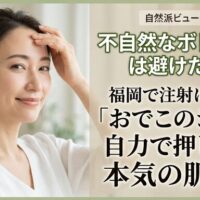 不自然なボトックス注射を避けたい方へ向けた、福岡のサロンが提案する肌管理で、気になるおでこのシワをケアし、自然なハリを取り戻して微笑む女性の画像。自力で押し返すようなふっくらとした美肌の魅力を伝えるアイキャッチ。