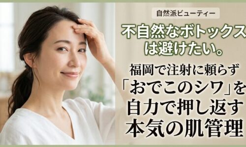 不自然なボトックス注射を避けたい方へ向けた、福岡のサロンが提案する肌管理で、気になるおでこのシワをケアし、自然なハリを取り戻して微笑む女性の画像。自力で押し返すようなふっくらとした美肌の魅力を伝えるアイキャッチ。