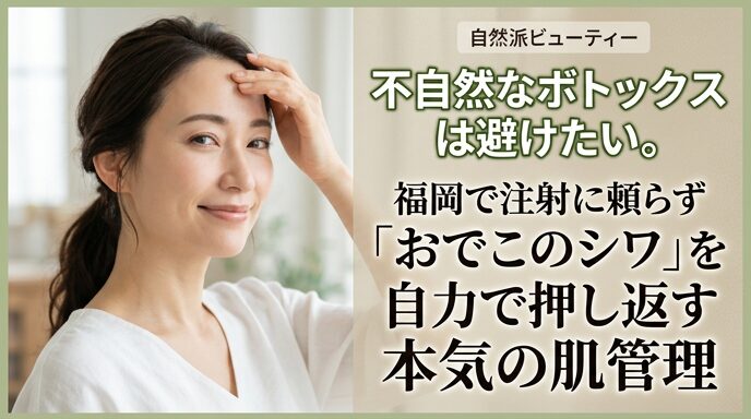 不自然なボトックス注射を避けたい方へ向けた、福岡のサロンが提案する肌管理で、気になるおでこのシワをケアし、自然なハリを取り戻して微笑む女性の画像。自力で押し返すようなふっくらとした美肌の魅力を伝えるアイキャッチ。