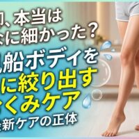 水風船のようにパンパンに張った体に悩み、今泉の隠れ家エステで滞った水分を流して、すっきりと細く美しい脚を手に入れた女性の画像。本格的なむくみケアのビフォーアフターをイメージさせるアイキャッチ。