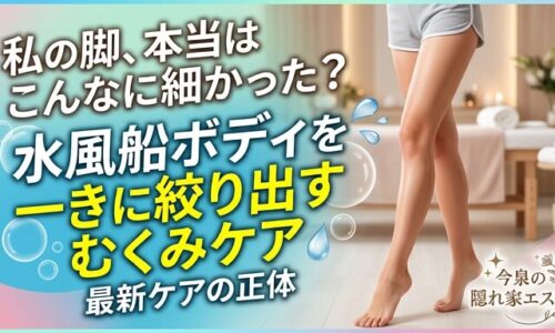 水風船のようにパンパンに張った体に悩み、今泉の隠れ家エステで滞った水分を流して、すっきりと細く美しい脚を手に入れた女性の画像。本格的なむくみケアのビフォーアフターをイメージさせるアイキャッチ。