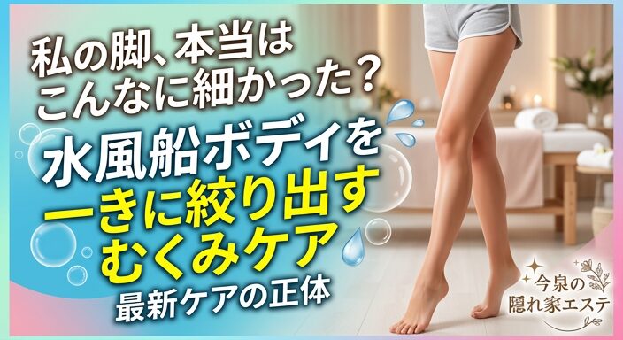 水風船のようにパンパンに張った体に悩み、今泉の隠れ家エステで滞った水分を流して、すっきりと細く美しい脚を手に入れた女性の画像。本格的なむくみケアのビフォーアフターをイメージさせるアイキャッチ。