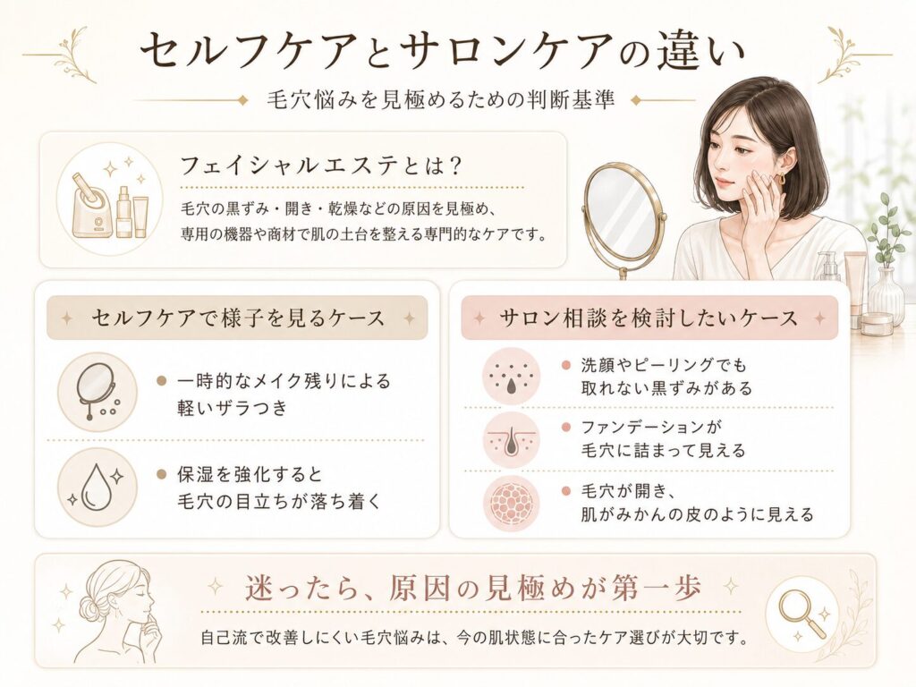 天神フェイシャルエステで毛穴ケアを始める前に、セルフケアとサロンケアの違いを比較した解説画像