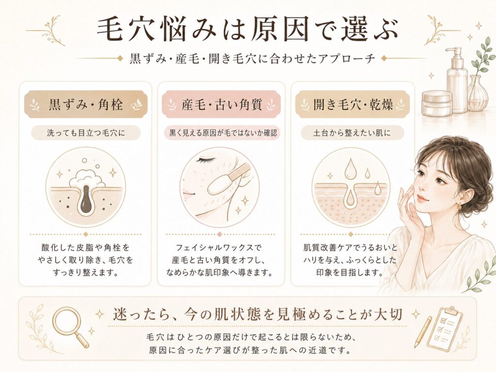 毛穴の黒ずみ・産毛・開き毛穴など原因別に、天神フェイシャルエステでのケア方法を整理した解説画像