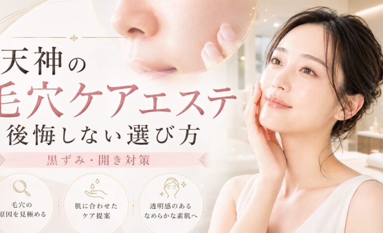 天神の毛穴ケアエステで黒ずみ・開きに悩む女性へ、後悔しないサロン選びと肌に合うケア提案を上品に表現したアイキャッチ画像