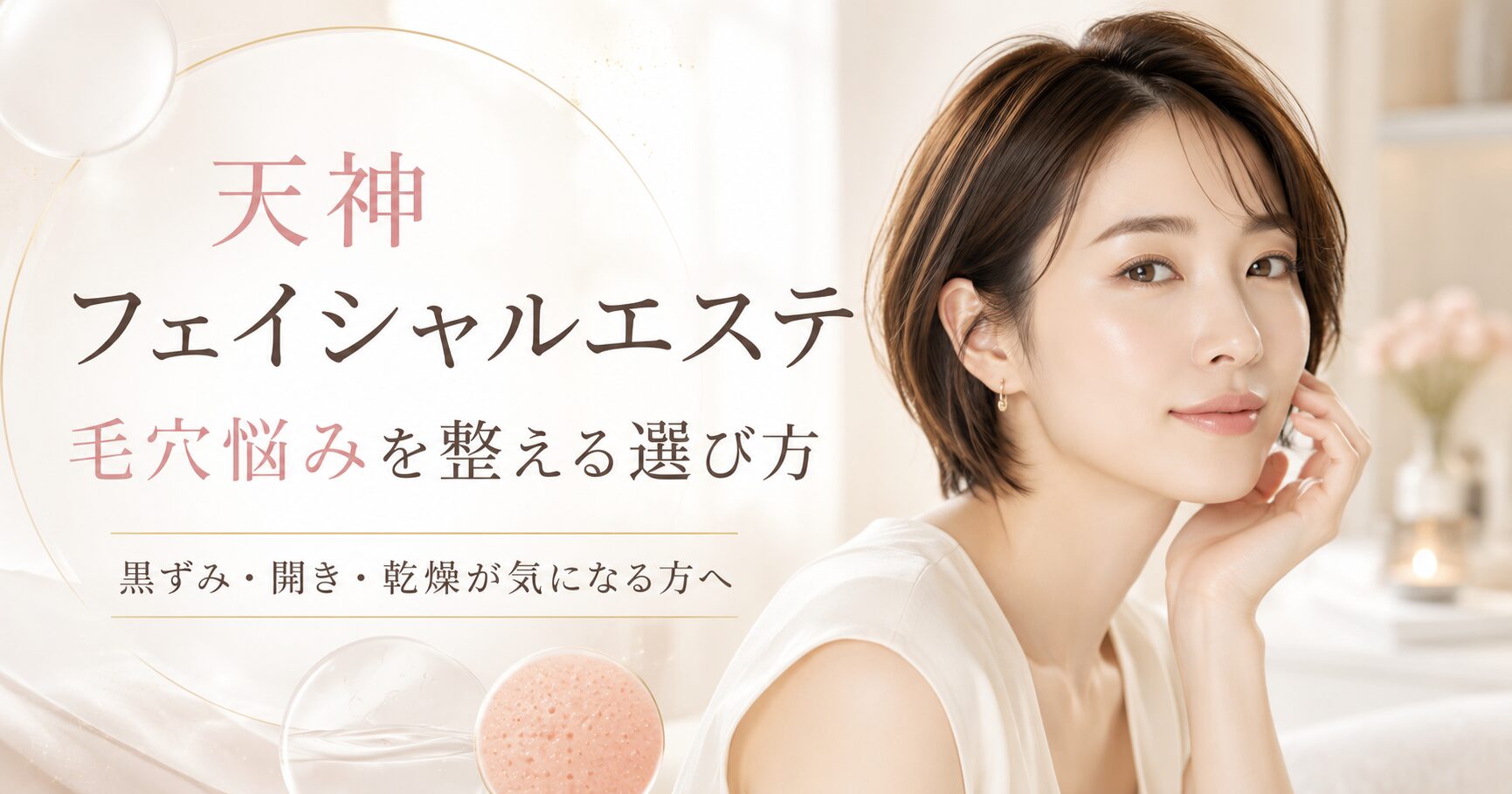 天神のフェイシャルエステで毛穴悩みを整えたい女性へ、黒ずみ・開き・乾燥に合わせたサロン選びを上品に表現したアイキャッチ画像