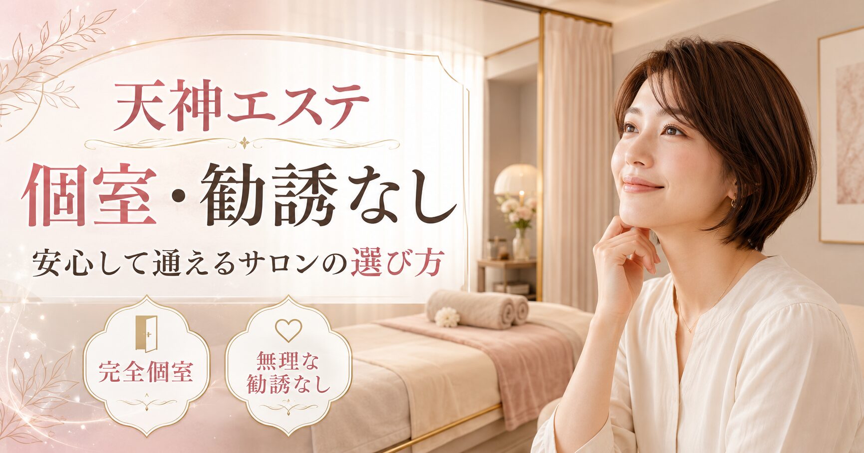天神で個室・勧誘なしのエステを探す女性へ、完全個室の安心感と無理な勧誘がないサロン選びを上品に表現したアイキャッチ画像