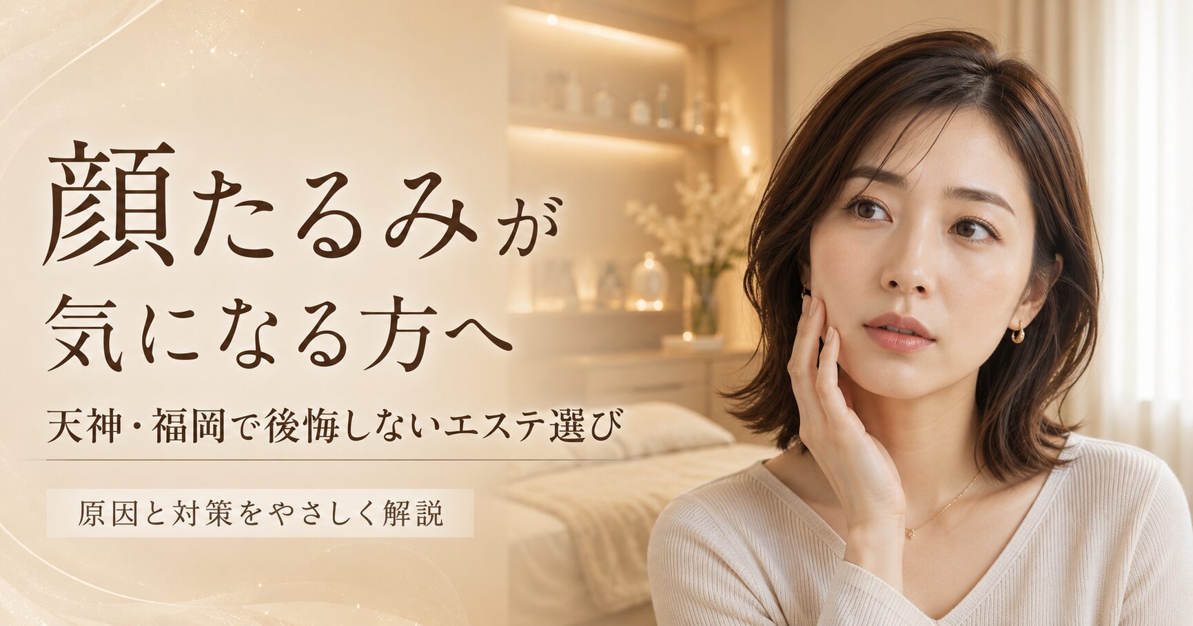 顔たるみが気になる女性へ、天神・福岡で始める前に知りたい原因とエステ対策を上品に表現したアイキャッチ画像
